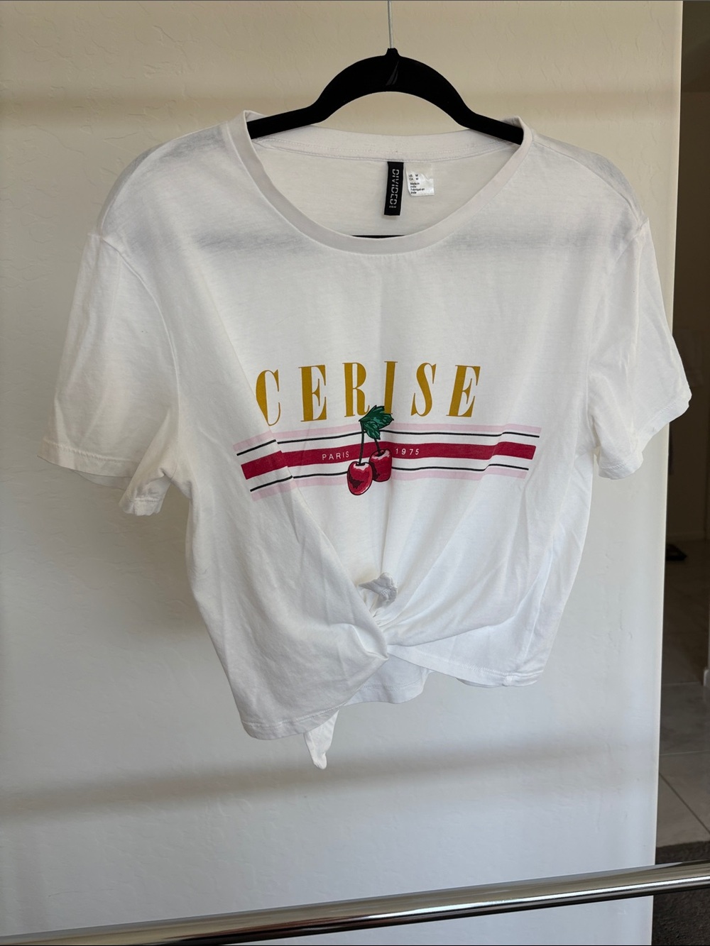 Cotton On White Crop Top with Pink Stripes & Yellow 'CERISE' Print